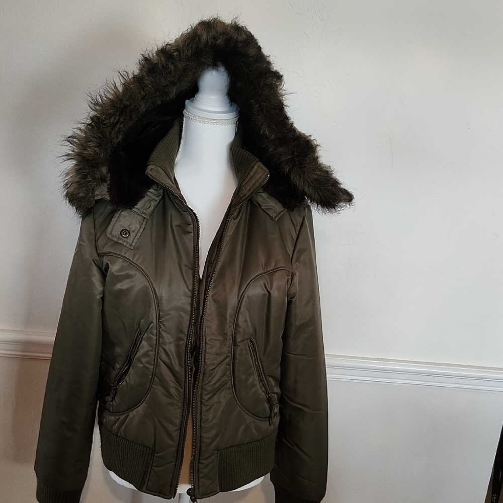 Warehouse Olive Bomber Jacket with Faux Fur Hood